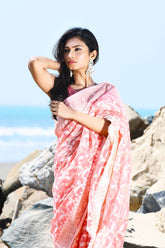 Jash-e-Jal' Pastel Coral Peach Pure Resham Cotton Silk Banarasi Handloom Saree